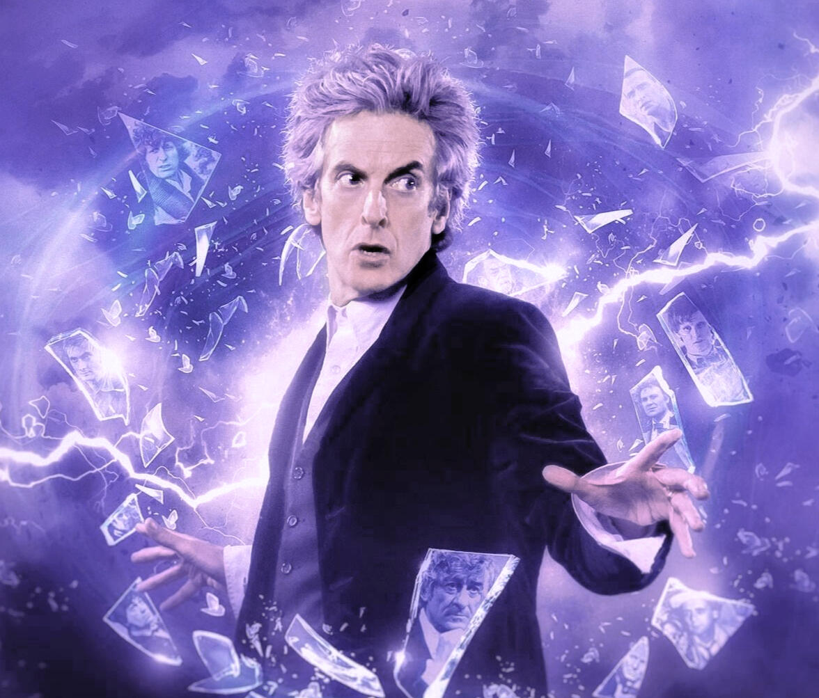 Peter Capaldi as the 12th Doctor, with shattered glass around him. There are pictures of each of the incarnations of the doctors in separate shards of glass. Colored purple and blue.